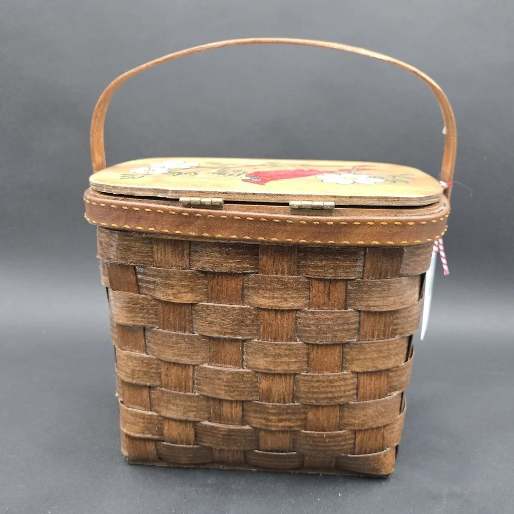 Caro Nan Vintage Basket Purse Signed Hand Painted Cardinal Handmade lined